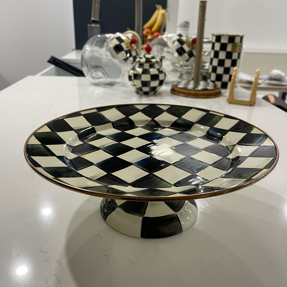 MacKenzie Childs Courtly Check Enamel Pedestal Platter-Large.